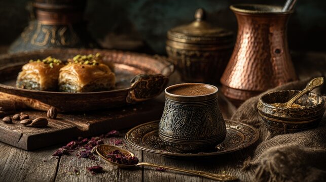 Traditional Turkish Food Turkish coffee rustic wooden table ornate copper cezve baklava vibrant spices cozy ambiance warm lighting cultural authenticity