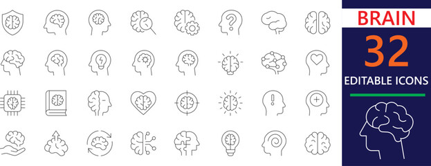 A creative editable thin line icon set representing the brain, intelligence, and mental concepts. Perfect for apps, websites, presentations, and stock platforms needing clear mind-related visuals.