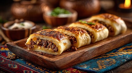 Warm freshly baked Traditional Turkish Food Börek sliced to reveal steaming meat filling on a traditional Turkish tray with patterned textiles