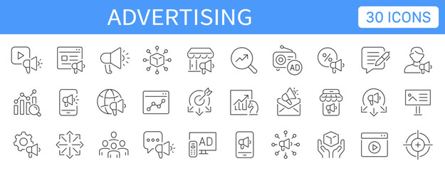 Advertising thin line icons set. Advertisement, promotion, marketing editable stroke icon. Vector