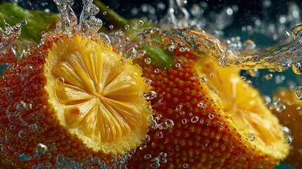 Juicy jackfruit slices splashing water sparkling droplets lush tropical background dynamic action vibrant colors ideal