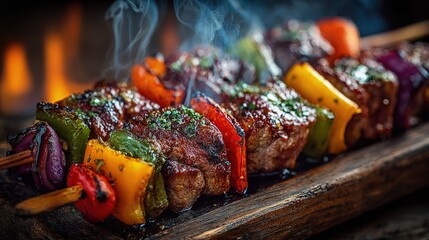Vibrant Traditional Turkish Food Shish kebab on skewers grilled over open flames colorful vegetables rustic wooden table authentic Middle Eastern setting