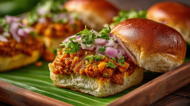 Close-up Traditional Indian Food Pav bhaji spicy mashed vegetables buttery pav buns served on a banana leaf authentic Indian street food aesthetic