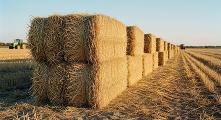 Row of golden hay bales in a harvested agricultural field under clear sky during summer day. Farming and rural landscape concept.