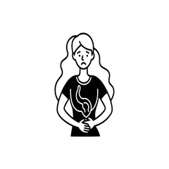 Illustration of a distressed woman holding her stomach, symbolizing discomfort or pain, suitable for medical or health-related content