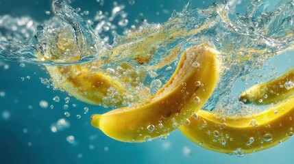 Juicy banana slices splashing in clear water dynamic bubbles tropical vibe sharp details vibrant colors-ready composition