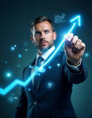 Businessman pressing a virtual button on a digital touchscreen interface