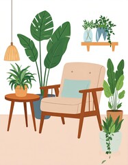 Cozy Interior with Plants and Armchair Illustration.
