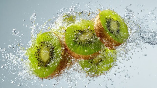 Dynamic composition of multiple Kiwifruit slices splashing water bright lighting isolated on white professional food photography