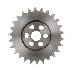 A single metal sprocket with a damascus pattern, isolated on a transparent background