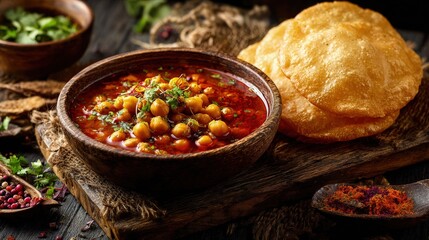 Traditional Indian Food Chole Bhature golden bhature rich chole curry garnished with herbs rustic table vibrant colors inviting composition