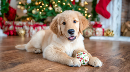 Joyful golden retriever puppy playing with a festive ball beside a Christmas tree adorned with gifts