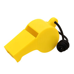 A bright yellow plastic whistle with a black lanyard isolated on a transparent background