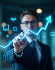 Businessman touching a virtual screen button in a digital tech interface