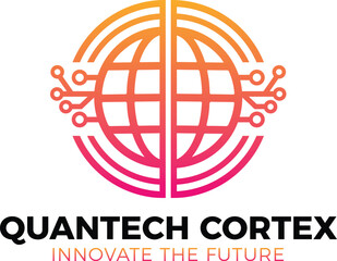 QUANTECH CORTEX Logo Global Circuitry and Mind Hemisphere Icon, Vibrant Orange-Pink Gradient Vector Symbol for AI and Worldwide Innovation