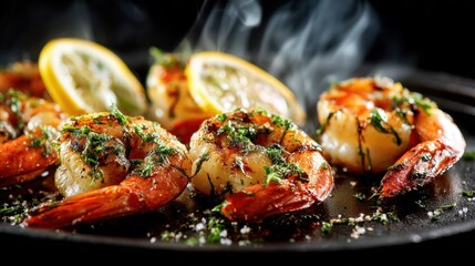 Juicy grilled shrimp garnished with fresh herbs and lemon slices are sizzling on a black plate. The smoky aroma fills the air creating an inviting atmosphere for a delicious meal.
