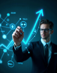 A businessman interacts with a futuristic virtual touchscreen interface