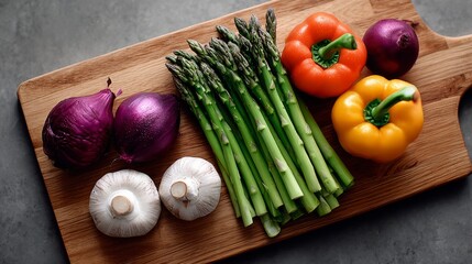Wooden cutting board with a variety of vegetables including asparagus, peppers, onions, and mushrooms