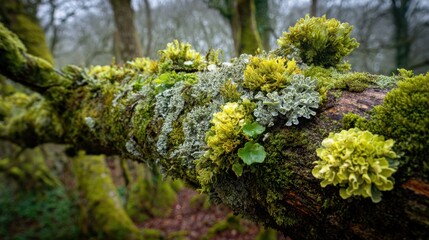 Obraz premium Lush greenery envelops a fallen tree trunk in a dense forest. Moss and lichen thrive on the bark showcasing vibrant colors in the soft morning light.