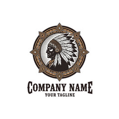 Vintage Native American chief logo with feathered headdress in an ornate circular frame, suitable for a company brand.