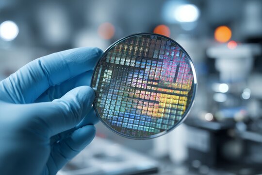 Hand in blue glove holding a silicon wafer revealing the microchips in clean room, showcasing advanced technology in the semiconductor industry for electronics manufacturing.