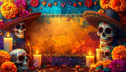 Marco fotográfico inspirado en la Calavera Catrina y el Día de los Muertos. Fondo con colores festivos y vibrantes. Decoraciones con flores de cempasúchil, velas, papel picado y calaveras estilizadas 