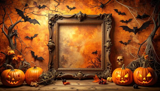 Marco fotogr&aacute;fico con fondo naranja oscuro y textura envejecida, decorado con motivos de Halloween en estilo tenebroso: calabazas talladas con expresiones siniestras, murci&eacute;lagos en vuelo, ramas