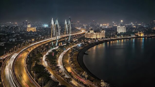 Illuminated Cityscape At Night Showing Coastal Road and City Lights with Long Exposure View Mumbai India