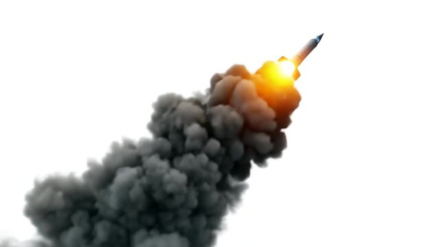 Missile launch blast off with fiery exhaust smoke and bright explosion isolated on white