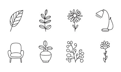 Doodle Nature and Home Object Icon Set Vector
