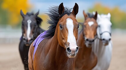 Fototapeta premium Group of horses are running in a race, with one of them wearing a purple ribbon. The horses are all brown and white, and they are all running at different speeds. Scene is energetic and exciting