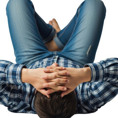 Man in jeans and plaid shirt lying down isolated on transparent background