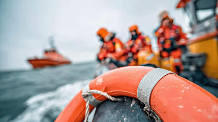 Rescuers navigate stormy waters in bold orange gear during a critical operation