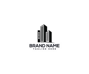 Cityscape Silhouette Emblem: A sleek black and white silhouette of modern high-rise buildings, perfectly capturing the essence of urban development and real estate. A perfect emblem for business.