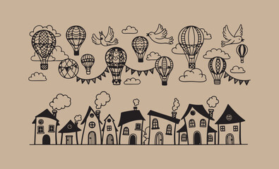 Whimsical hand drawn hot air balloons floating above a charming village