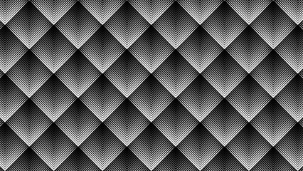 A repeating rhombus-shaped geometric line pattern, consisting of graduated black and white lines that create an optical illusion effect and symmetrical visual depth.