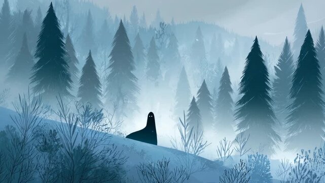 Eerie winter forest video animation. Line illustration of misty trees with ghostly figure and subtle horror atmosphere