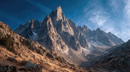 High-altitude mountain landscape jagged peaks deep blue sky wispy clouds vast untouched wilderness adventure vibe