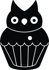 A funny vector cartoon illustration of a cute black cat silhouette with a cup of coffee on a white background