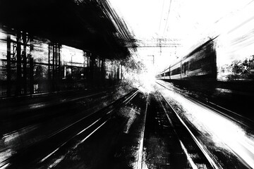 Dynamic motion captured in a blurred train scene showing high-speed travel through an urban landscape