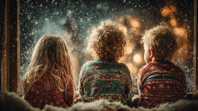 Cozy winter evening with children watching snow fall by the warm glow of a festive fireplace