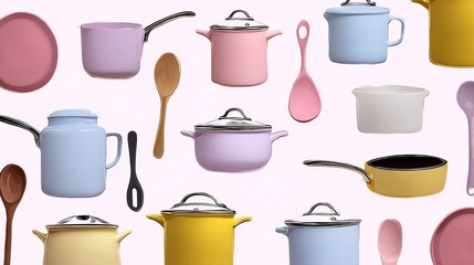 Colorful array of kitchen utensils and cookware, including a variety of pots and pans, spoons, and bowls
