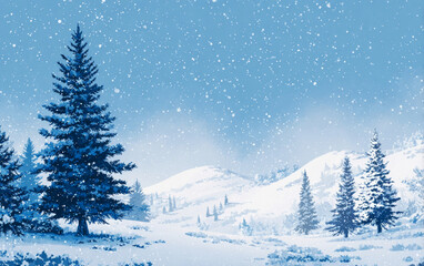 Fototapeta premium A beautiful winter background with snow falling, trees covered snow under blue sky.