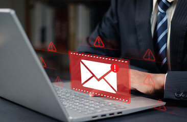 Threat, phishing, malicious, danger, hack, warning, mail, thief, scam, alert, safety, letter, technology, online, Cyber crime security concept, Alert Email inbox and spam virus with warning caution.