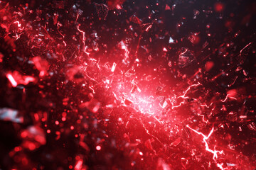Abstract background with an explosion of red lightning and shattered glass fragments.