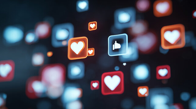 Abstract background with social media icons and heart symbols on a digital screen.  - Powered by Adobe