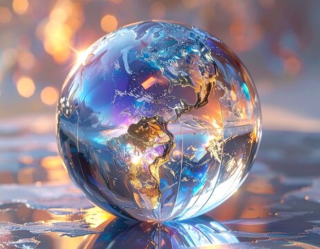 Crystal Earth globe, vibrant colors, sunlit