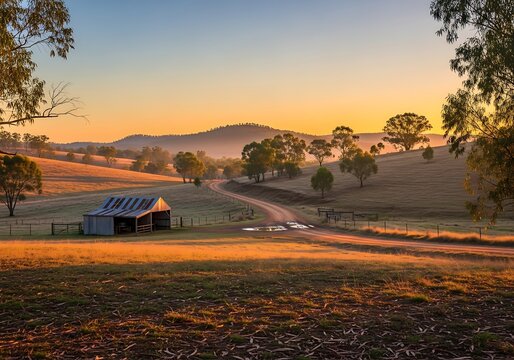 Peaceful countryside vista at dawn with misty hills and an aged barn under golden sunlight - Powered by Adobe