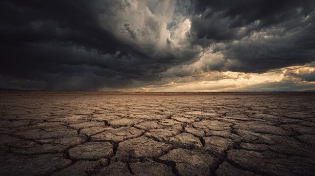 Barren Field Landscape with cracked earth dramatic storm clouds moody lighting vast horizon high contrast detailed textures cinematic atmosphere - Powered by Adobe