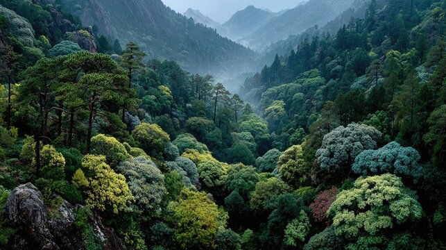 Dense rainforest forest landscape tropical vegetation lush green tones humid atmosphere exotic nature scene biodiversity theme vivid detail - Powered by Adobe